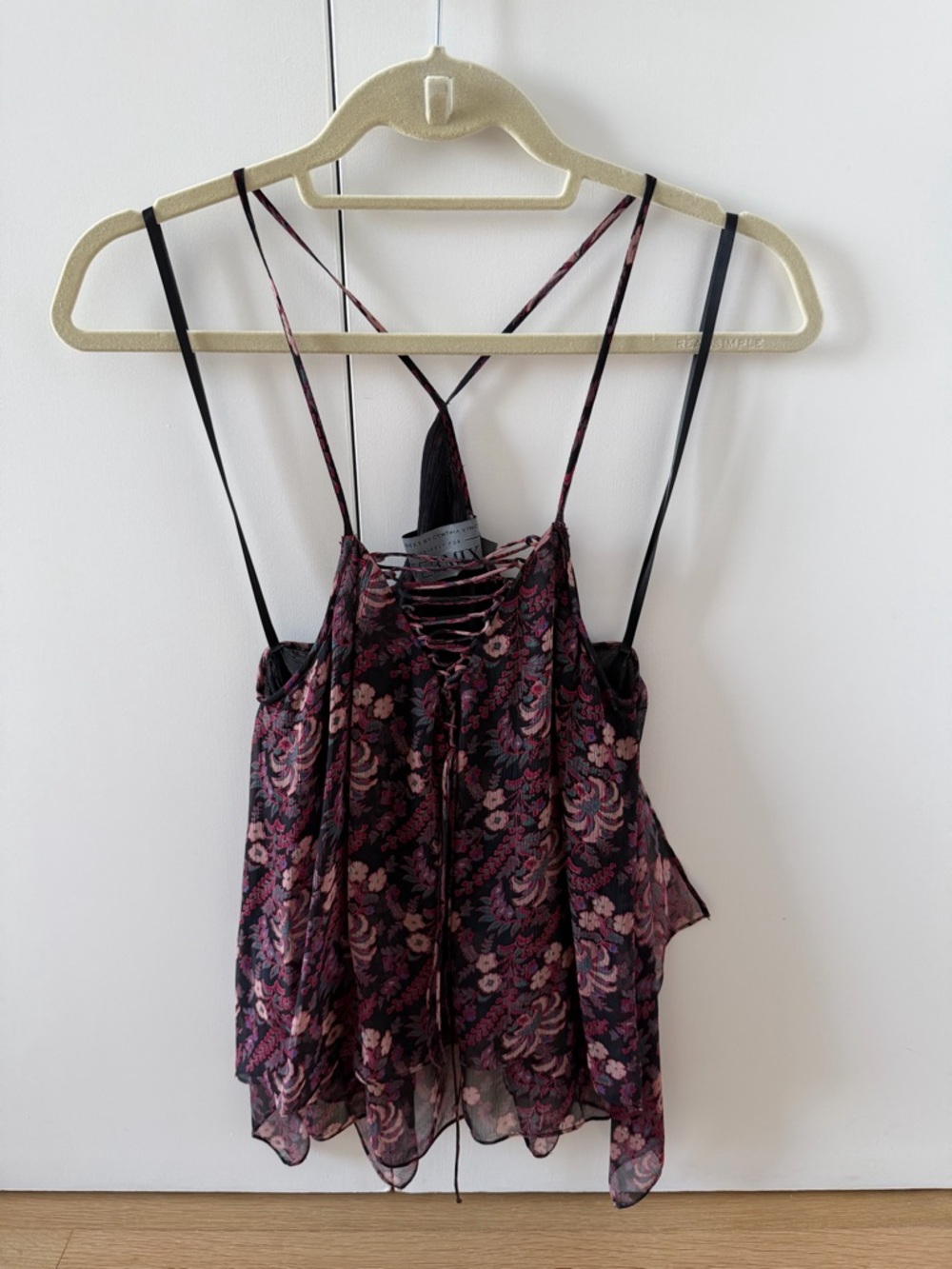 INTERMIX Floral Lace-Up Chiffon Cami Top - Black & Pink